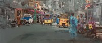 Khalid Khan-Kaay, 38 x 90 Inch, Acrylic on Canvas, Cityscape Painting, AC-KHKN-096